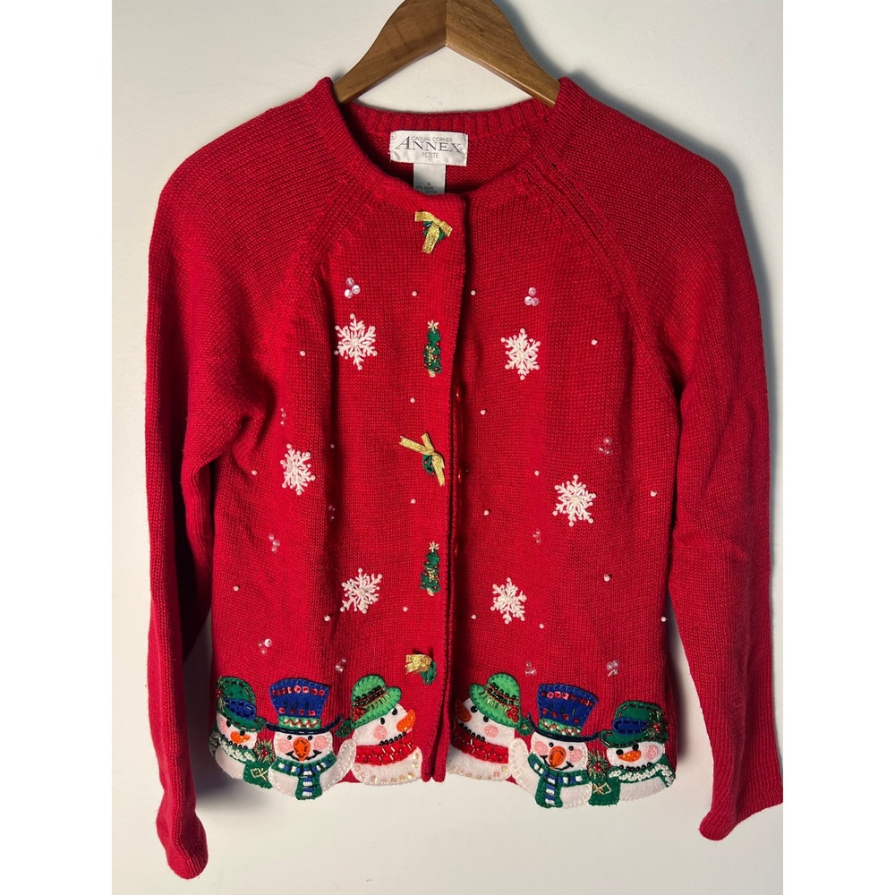 VTG Casual Corner Annex Cardigan S Red Snowman Flakes Holiday Sweater Grannycore